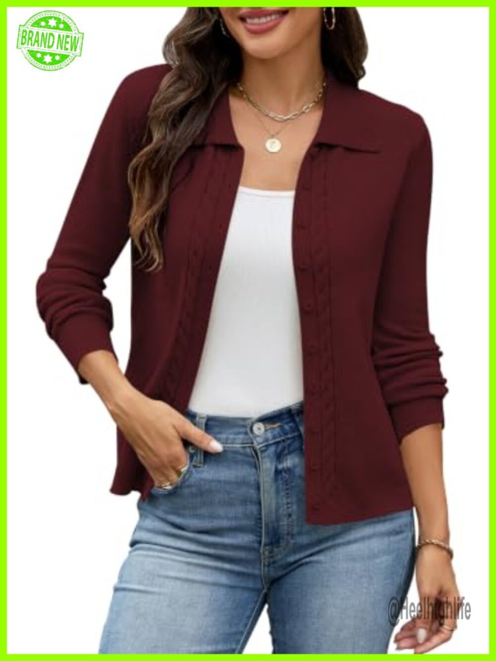 Cakulo Cable Knit Button Up Cardigan Sweater Women Collared Lightweight